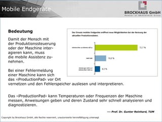 Copyright by Brockhaus GmbH, alle Rechte reserviert, unautorisierte Vervielfältigung untersagt
Mobile Endgeräte
Bedeutung
Damit der Mensch mit
der Produktionssteuerung
oder der Maschine inter-
agieren kann, muss
die mobile Assistenz zu-
nehmen.
Bei einer Fehlermeldung
einer Maschine kann sich
das ›iProductionPad‹ vor Ort
vernetzen und den Fehlerspeicher auslesen und interpretieren.
Das ›iProductionPad‹ kann Temperaturen oder Frequenzen der Maschine
messen, Anweisungen geben und deren Zustand sehr schnell analysieren und
diagnostizieren.
--- Prof. Dr. Gunter Reinhard, TUM
 