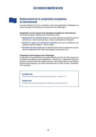 Renforcement de la coopération européenne
et internationale
Le projet Industrie du Futur a vocation à nouer des partenariats stratégiques au
niveau européen et international, en particulier avec l’Allemagne.
Coopération sur les normes et les standards européens et internationaux
Sur le plan européen, l’Alliance pour l’Industrie du Futur :
•	Représentera les intérêts français au sein des initiatives européennes dans le
domaine du « smart manufacturing » et de la numérisation de l’industrie
•	Donnera un appui aux entreprises françaises pour leurs candidatures aux
appels à projets européens « Horizon 2020 »
•	Permettra de mieux peser dans le domaine des normes européennes qui faci-
literont le déploiement de l’offre technologique Industrie du Futur
Coopération technologique avec l’Allemagne
Le périmètre et la gouvernance du projet Industrie du Futur ont été conçus pour
s’interfacer naturellement avec la plateforme « Industrie 4.0 » allemande. Cette coo-
pération s’incarnera dans des projets communs, des projets pilotes ou de dévelop-
pements technologiques, qui seront présentés dans le cadre du plan d’investisse-
ment européen.
Automne 2015
Lancement d’un partenariat avec la plate-forme allemande « Industrie 4.0 »
FévRIER 2016
Publication de la stratégie française de normalisation pour l’Industrie du Futur
Les 5 piliers de l’Industrie du Futur
13
 
