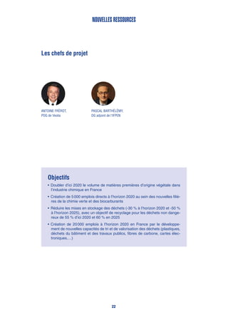 Pascal Barthélémy,
DG adjoint de l’IFPEN
Les chefs de projet
Antoine Frérot,
PDG de Veolia
Objectifs
•	Doubler d’ici 2020 le volume de matières premières d’origine végétale dans
l’industrie chimique en France
•	Création de 5 000 emplois directs à l’horizon 2020 au sein des nouvelles filiè-
res de la chimie verte et des biocarburants
•	Réduire les mises en stockage des déchets (-30 % à l’horizon 2020 et -50 %
à l’horizon 2025), avec un objectif de recyclage pour les déchets non dange-
reux de 55 % d’ici 2020 et 60 % en 2025
•	Création de 20 000 emplois à l’horizon 2020 en France par le développe-
ment de nouvelles capacités de tri et de valorisation des déchets (plastiques,
déchets du bâtiment et des travaux publics, fibres de carbone, cartes élec-
troniques,…)
Nouvelles ressources
22
 