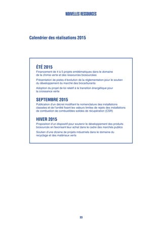 Nouvelles ressources
23
Calendrier des réalisations 2015
Été 2015
Financement de 4 à 5 projets emblématiques dans le domaine
de la chimie verte et des ressources biosourcées
Présentation de pistes d’évolution de la réglementation pour le soutien
du développement du marché des biocarburants
Adoption du projet de loi relatif à la transition énergétique pour
la croissance verte
Septembre 2015
Publication d’un décret modifiant la nomenclature des installations
classées et de l’arrêté fixant les valeurs limites de rejets des installations
de combustion de combustibles solides de récupération (CSR)
Hiver 2015
Proposition d’un dispositif pour soutenir le développement des produits
biosourcés en favorisant leur achat dans le cadre des marchés publics
Soutien d’une dizaine de projets industriels dans le domaine du
recyclage et des matériaux verts
 