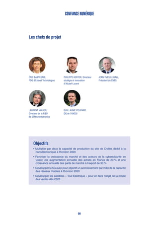 Les chefs de projet
Philippe Keryer, Directeur
stratégie et innovation
d’Alcatel-Lucent
Éric Bantégnie,
PDG d’Esterel Technologies
Jean-Yves Le Gall,
Président du CNES
Guillaume Poupard,
DG de l’ANSSI
Laurent Malier,
Directeur de la R&D
de STMicroelectronics
Objectifs
•	Multiplier par deux la capacité de production du site de Crolles dédié à la
nanoélectronique à l’horizon 2020
•	Favoriser la croissance du marché et des acteurs de la cybersécurité en
visant une augmentation annuelle des achats en France de 20 % et une
croissance annuelle des parts de marché à l’export de 30 %
•	Développer la 5G avec pour objectif un accroissement par mille de la capacité
des réseaux mobiles à l’horizon 2020
•	Développer les satellites « Tout Electrique » pour en faire l’objet de la moitié
des ventes dès 2020
Confiance numérique
50
 