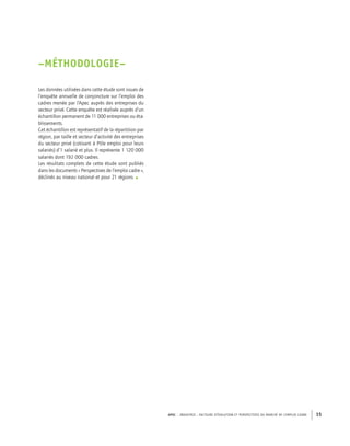 APEC – INDUSTRIE : FACTEURS D’ÉVOLUTION ET PERSPECTIVES DU MARCHÉ DE L’EMPLOI CADRE 15
–MÉTHODOLOGIE–
Les données utilisées dans cette étude sont issues de
l’enquête annuelle de conjoncture sur l’emploi des
cadres menée par l’Apec auprès des entreprises du
secteur privé. Cette enquête est réalisée auprès d’un
échantillon permanent de 11 000 entreprises ou éta-
blissements.
Cet échantillon est représentatif de la répartition par
région, par taille et secteur d’activité des entreprises
du secteur privé (cotisant à Pôle emploi pour leurs
salariés) d’1 salarié et plus. Il représente 1 120 000
salariés dont 192 000 cadres.
Les résultats complets de cette étude sont publiés
dans les documents « Perspectives de l’emploi cadre »,
déclinés au niveau national et pour 21 régions. •
 