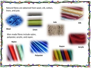 Natural fibres are obtained from wool, silk, cotton,
linen, and jute.
Man made fibres include nylon,
polyester, acrylic, and rayon.
Wool Linen
Jute Silk
Nylon
Polyester
Rayon Acrylic
 