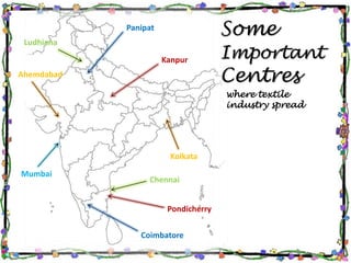 Some
Important
Centres
Coimbatore
Kanpur
Chennai
Ahemdabad
Mumbai
Kolkata
Ludhiana
Pondicherry
Panipat
where textile
industry spread
 