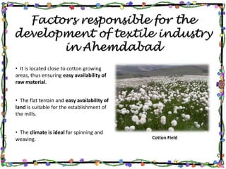 Factors responsible for the
development of textile industry
in Ahemdabad
• It is located close to cotton growing
areas, thus ensuring easy availability of
raw material.
Cotton Field
• The flat terrain and easy availability of
land is suitable for the establishment of
the mills.
• The climate is ideal for spinning and
weaving.
 