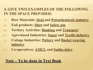4. GIVE TWO EXAMPLES OF THE FOLLOWING
IN THE SPACE PROVIDED:
(i) Raw Materials: Steel and Petrochemicals industry
(ii) End products: Shirt and Safety pin
(iii) Tertiary Activities: Banking and Transport
(iv) Agro-based Industries: Sugar and Textile industry
(v) Cottage Industries: Pottery and Basket weaving
industry
(vi) Co-operatives: AMUL and Sudha dairy
Note – To be done in Text Book
 
