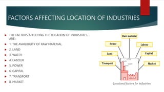 FACTORS AFFECTING LOCATION OF INDUSTRIES
 THE FACTORS AFFECTING THE LOCATION OF INDUSTRIES
ARE :
 1. THE AVAILIBILITY OF RAW MATERIAL
 2. LAND
 3. WATER
 4. LABOUR
 5. POWER
 6. CAPITAL
 7. TRANSPORT
 8. MARKET
 