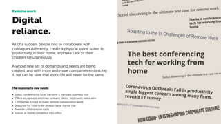 All of a sudden, people had to collaborate with
colleagues differently, create a physical space suited to
productivity in their home, and take care of their
children simultaneously.
A whole new set of demands and needs are being
created, and with more and more companies embracing
it, we can be sure that work-life will never be the same.
The response to new needs:
• Video conferencing tools become a standard business tool
• Office equipment sales rise: screens, desks, keyboards, webcams
• Companies forced to make remote collaboration work
• Searches for ‘how to be productive at home’ rise
• Remote collaboration tools
• Spaces at home converted into office
Digital
reliance.
Remote work
 