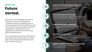 Future
normal.
Remote work
Work-life in the knowledge economy is
entering a new era. The majority of
companies and their employees work in
similar ways and will thus be affected in the
same way. Each party will expect seamless
collaboration, unwavering trust, fair
opportunities, and at the end of the day
proﬁt and productivity.
The companies that built their offerings for
the remote work environment are on the
path to becoming the behemoths of the
stay-at-home economy.
Colleagues can connect digitally and socially in a way
that they’re used, without it being forced.
Social media enabled employee engagement
In-person collaboration methods mimicked through
virtual reality and gesture-mapped controls.
Virtual office spaces and 3d avatars
File sharing, feedback and approval all done in
one platform.
Single-platform basic collaboration
A home network with enterprise-grade security that’s
is easily installed and covers all vulnerable devices.
Secure smart home services
Ability to widen network at anytime and not
just at speciﬁc events.
Digitally-enabled networking with industry peers
 