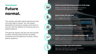 Future
normal.
Entertainment
Ability to virtually travel to festivals and concerts
and have the full experience of being there.
Virtual concerts that bring me to front of the stage
Every movie, including ﬁrst releases,
are available online ﬁrst.
Home cinema will take over
Unprecedented access to famous art pieces and
artefacts without the queues and crowds.
Virtual tours and walkthroughs
Cultural expansion that transcends location, with the ability to
watch performances from all around the world from home.
Any theatre performance available via streaming
Gaming combines with music and movies to
offer new and unique experiences.
Gaming no longer reserved for gamers
The industry will offer hybrid experiences that
suit every type of viewer. You can expect
attendance of events to slowly come back to
normal, with the addition of virtual access to a
global audience.
The gaming industry will also see new growth
as other entertainment formats are being
combined into the platforms to draw a more
diverse audience.
 