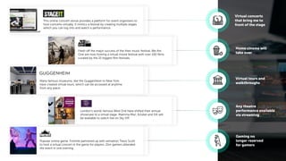 This online concert venue provides a platform for event organisers to
host concerts virtually. It mimics a festival by creating multiple stages
which you can log into and watch a performance.
Fresh off the major success of the their music festival, We Are
One are now hosting a virtual movie festival with over 100 ﬁlms
curated by the 21 biggest ﬁlm festivals.
Many famous museums, like the Guggenheim in New York,
have created virtual tours, which can be accessed at anytime
from any place.
London’s world-famous West End have shifted their annual
showcase to a virtual stage. Mamma Mia!, &Juliet and SIX will
be available to watch live on Sky VIP.
Popular online game, Fortnite partnered up with sensation Travis Scott
to host a virtual concert in the game for players. 21m gamers attended
the event in one evening.
Virtual concerts
that bring me to
front of the stage
Home cinema will
take over
Virtual tours and
walkthroughs
Any theatre
performance available
via streaming
Gaming no
longer reserved
for gamers
 