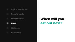 When will you
eat out next?
Digital healthcare.
Remote work.
Entertainment.
Food.
Wellness.
E-learning.
 