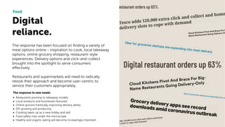 Digital
reliance.
Food
The response to new needs:
• Restaurants pivoting to takeaway models
• Local products and businesses favoured
• Online grocers frantically improving delivery ability
• DIY growing and producing
• Cooking taken up as a new hobby and skill
• Food safety now under the microscope
• Healthy and organic eating will become increasingly important
The response has been focused on ﬁnding a variety of
meal options online - inspiration to cook, local takeaway
options, online grocery shopping, restaurant-style
experiences. Delivery options and click-and-collect
brought into the spotlight to serve consumers
effectively.
Restaurants and supermarkets will need to radically
relook their approach and become user-centric to
service their customers appropriately.
 