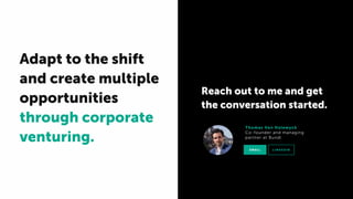 Reach out to me and get
the conversation started.
Thomas Van Halewyck
Co-founder and managing
partner at Bundl
LINKEDINEMAIL
Adapt to the shift
and create multiple
opportunities
through corporate
venturing.
 
