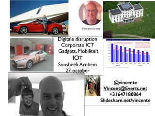 Digitale disruption  
Corporate ICT
Gadgets, Mobiliteit
IOT
Sonsbeek Arnhem
27 october
 