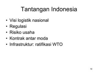 Tantangan Indonesia Visi logistik nasional Regulasi Risiko usaha Kontrak antar moda Infrastruktur: ratifikasi WTO 
