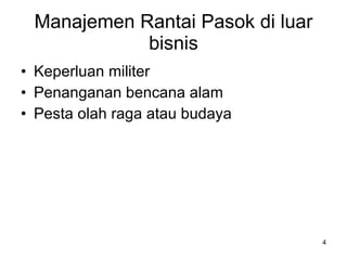 Manajemen Rantai Pasok di luar bisnis Keperluan militer Penanganan bencana alam Pesta olah raga atau budaya 
