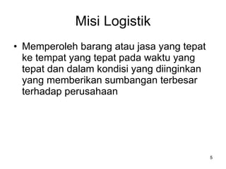 Misi Logistik Memperoleh barang atau jasa yang tepat ke tempat yang tepat pada waktu yang tepat dan dalam kondisi yang diinginkan yang memberikan sumbangan terbesar terhadap perusahaan 