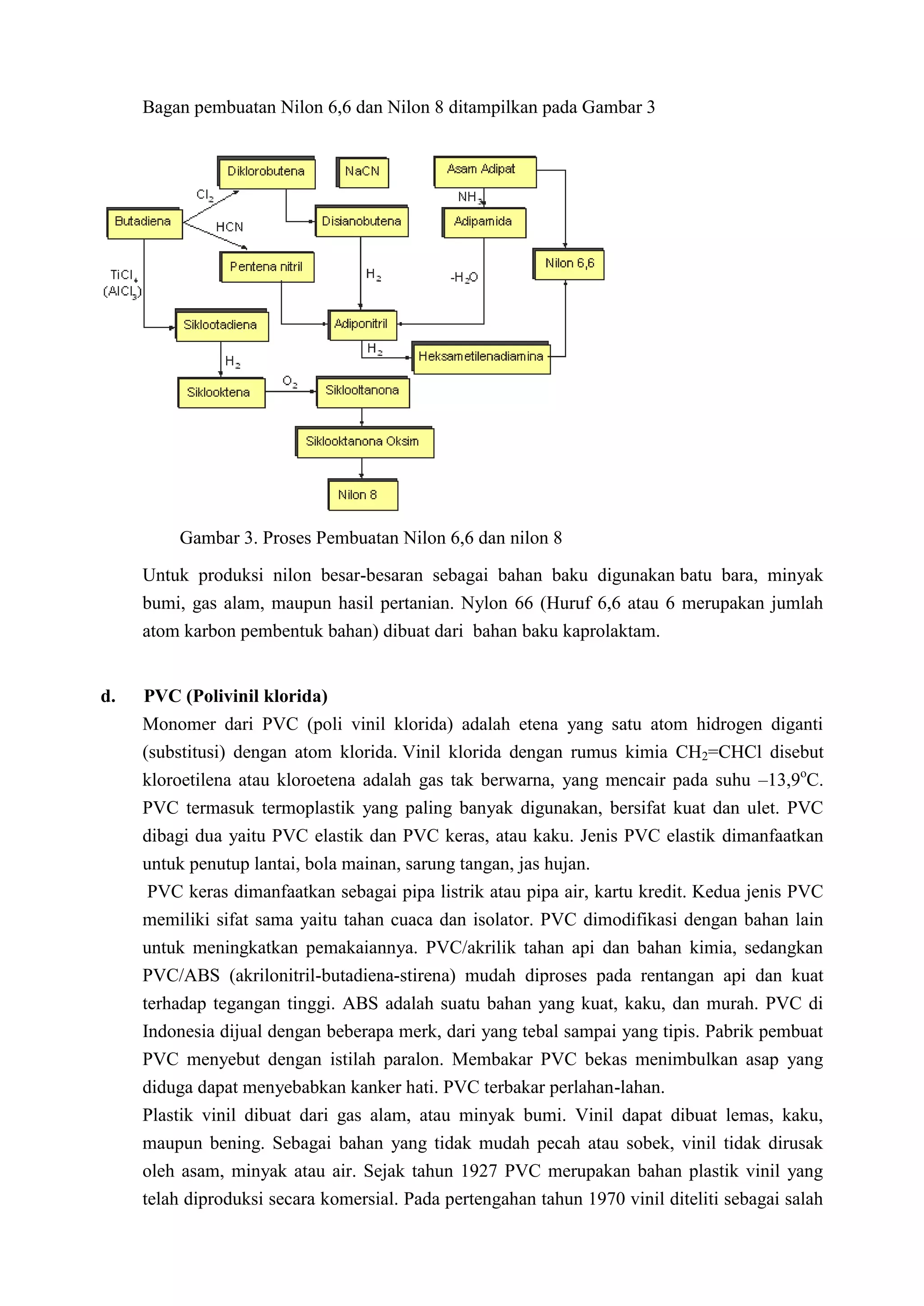 Bagan pembuatan Nilon 6,6 dan Nilon 8 ditampilkan pada Gambar 3




         Gambar 3. Proses Pembuatan Nilon 6,6 dan nilon 8

     Untuk produksi nilon besar-besaran sebagai bahan baku digunakan batu bara, minyak
     bumi, gas alam, maupun hasil pertanian. Nylon 66 (Huruf 6,6 atau 6 merupakan jumlah
     atom karbon pembentuk bahan) dibuat dari bahan baku kaprolaktam.


d.   PVC (Polivinil klorida)
     Monomer dari PVC (poli vinil klorida) adalah etena yang satu atom hidrogen diganti
     (substitusi) dengan atom klorida. Vinil klorida dengan rumus kimia CH2=CHCl disebut
     kloroetilena atau kloroetena adalah gas tak berwarna, yang mencair pada suhu –13,9oC.
     PVC termasuk termoplastik yang paling banyak digunakan, bersifat kuat dan ulet. PVC
     dibagi dua yaitu PVC elastik dan PVC keras, atau kaku. Jenis PVC elastik dimanfaatkan
     untuk penutup lantai, bola mainan, sarung tangan, jas hujan.
      PVC keras dimanfaatkan sebagai pipa listrik atau pipa air, kartu kredit. Kedua jenis PVC
     memiliki sifat sama yaitu tahan cuaca dan isolator. PVC dimodifikasi dengan bahan lain
     untuk meningkatkan pemakaiannya. PVC/akrilik tahan api dan bahan kimia, sedangkan
     PVC/ABS (akrilonitril-butadiena-stirena) mudah diproses pada rentangan api dan kuat
     terhadap tegangan tinggi. ABS adalah suatu bahan yang kuat, kaku, dan murah. PVC di
     Indonesia dijual dengan beberapa merk, dari yang tebal sampai yang tipis. Pabrik pembuat
     PVC menyebut dengan istilah paralon. Membakar PVC bekas menimbulkan asap yang
     diduga dapat menyebabkan kanker hati. PVC terbakar perlahan-lahan.
     Plastik vinil dibuat dari gas alam, atau minyak bumi. Vinil dapat dibuat lemas, kaku,
     maupun bening. Sebagai bahan yang tidak mudah pecah atau sobek, vinil tidak dirusak
     oleh asam, minyak atau air. Sejak tahun 1927 PVC merupakan bahan plastik vinil yang
     telah diproduksi secara komersial. Pada pertengahan tahun 1970 vinil diteliti sebagai salah
 