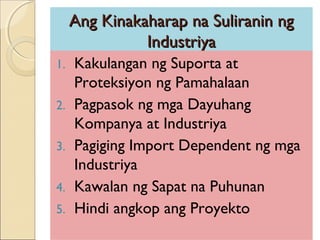 Ang Kinakaharap na Suliranin ngAng Kinakaharap na Suliranin ng
IndustriyaIndustriya
1. Kakulangan ng Suporta at
Proteksiyon ng Pamahalaan
2. Pagpasok ng mga Dayuhang
Kompanya at Industriya
3. Pagiging Import Dependent ng mga
Industriya
4. Kawalan ng Sapat na Puhunan
5. Hindi angkop ang Proyekto
 