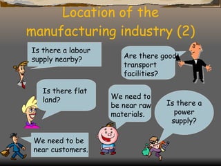 Location of the manufacturing industry (2) Is there a labour supply nearby? Is there flat land? Is there a power supply? Are there good transport facilities? We need to be near raw materials. We need to be near customers. 