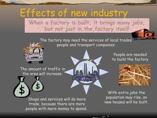 Effects of new industry When a factory is built, it brings many jobs, but not just in the factory itself People are needed to build the factory The factory may need the services of local trades people and transport companies With extra jobs the population may rise, so new houses will be built. Shops and services will do more trade, because there are more people with more money to spend.  The amount of traffic in the area will increase. 