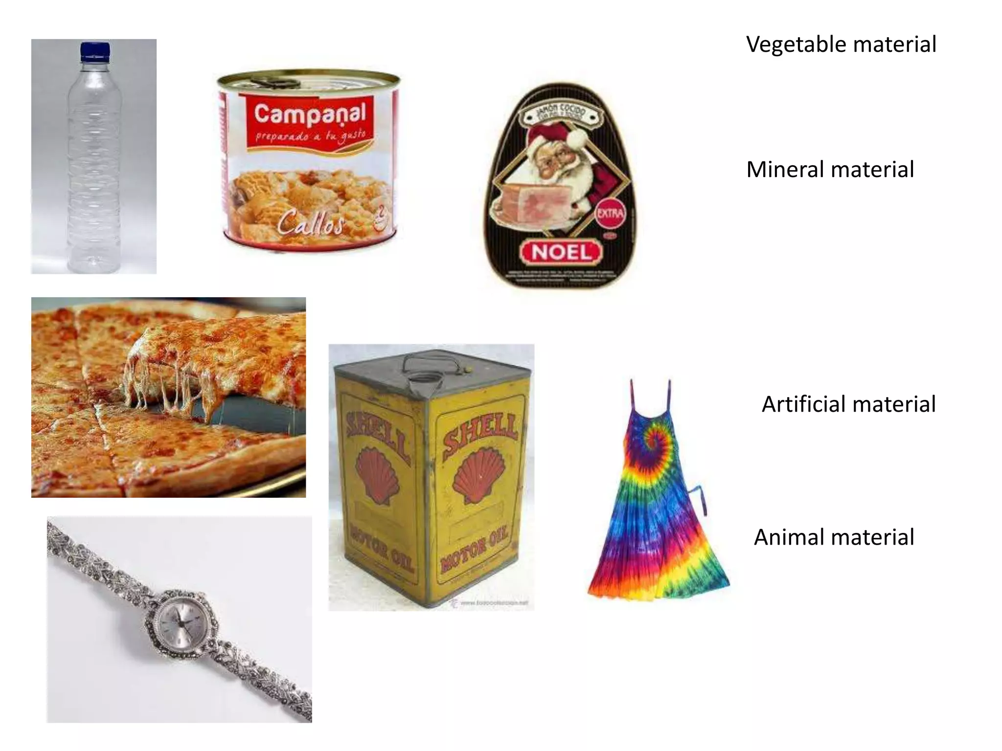 Vegetable material
Mineral material
Artificial material
Animal material