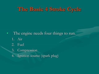 The Basic 4 Stroke Cycle
• The engine needs four things to run.
1. Air
2. Fuel
3. Compression
4. Ignition source (spark plug)
 