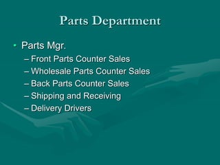 Parts Department
• Parts Mgr.
– Front Parts Counter Sales
– Wholesale Parts Counter Sales
– Back Parts Counter Sales
– Shipping and Receiving
– Delivery Drivers
 