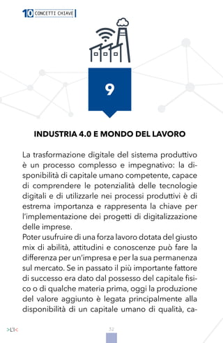 32
INDUSTRIA 4.0 E MONDO DEL LAVORO
La trasformazione digitale del sistema produttivo
è un processo complesso e impegnativo: la di-
sponibilità di capitale umano competente, capace
di comprendere le potenzialità delle tecnologie
digitali e di utilizzarle nei processi produttivi è di
estrema importanza e rappresenta la chiave per
l’implementazione dei progetti di digitalizzazione
delle imprese.
Poter usufruire di una forza lavoro dotata del giusto
mix di abilità, attitudini e conoscenze può fare la
differenza per un’impresa e per la sua permanenza
sul mercato. Se in passato il più importante fattore
di successo era dato dal possesso del capitale fisi-
co o di qualche materia prima, oggi la produzione
del valore aggiunto è legata principalmente alla
disponibilità di un capitale umano di qualità, ca-
9
 