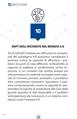 34
SOFT SKILL RICHIESTE NEL MONDO 4.0
Tra le soft skill richieste per affrontare la comples-
sità del paradigma 4.0 possiamo considerare il
pensiero critico, la capacità di affrontare i pro-
blemi da punti di vista differenti, la flessibilità, la
capacità di adattarsi ai cambiamenti, anche im-
provvisi, in un contesto che cambia sempre più
velocemente.e la creatività concepita come capa-
cità di innovare processi produttivi e prodottiLe
altre competenze necessarie riguardano il pen-
siero computazionale, ovvero la capacità di com-
prendere le logiche di produzione alla luce della
grande quantità di dati disponibili e il problem
solvingsempre più necessario in un sistema com-
plesso come l’impresa 4.0
10
 