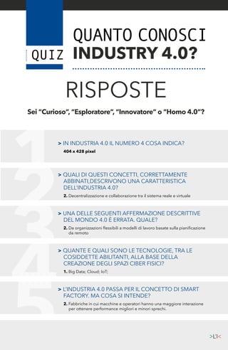 RISPOSTE
Sei “Curioso”, “Esploratore”, “Innovatore” o “Homo 4.0”?
QUANTO CONOSCI
INDUSTRY 4.0?
> L’INDUSTRIA 4.0 PASSA PER IL CONCETTO DI SMART
	 FACTORY. MA COSA SI INTENDE?
2. Fabbriche in cui macchine e operatori hanno una maggiore interazione
	 per ottenere performance migliori e minori sprechi.
> QUANTE E QUALI SONO LE TECNOLOGIE, TRA LE 	
	 COSIDDETTE ABILITANTI, ALLA BASE DELLA 	
	 CREAZIONE DEGLI SPAZI CIBER FISICI?
1. Big Data; Cloud; IoT;
> UNA DELLE SEGUENTI AFFERMAZIONE DESCRITTIVE
	 DEL MONDO 4.0 È ERRATA. QUALE?
2. Da organizzazioni flessibili a modelli di lavoro basate sulla pianificazione
	 da remoto
> QUALI DI QUESTI CONCETTI, CORRETTAMENTE 	
	 ABBINATI,DESCRIVONO UNA CARATTERISTICA 		
	 DELL’INDUSTRIA 4.0?
2. Decentralizzazione e collaborazione tra il sistema reale e virtuale
> IN INDUSTRIA 4.0 IL NUMERO 4 COSA INDICA?
404 x 428 pixel
 