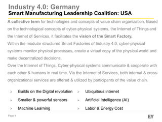 Page 9
Industry 4.0: Germany
Smart Manufacturing Leadership Coalition: USA
A collective term for technologies and concepts of value chain organization. Based
on the technological concepts of cyber-physical systems, the Internet of Things and
the Internet of Services, it facilitates the vision of the Smart Factory.
Within the modular structured Smart Factories of Industry 4.0, cyber-physical
systems monitor physical processes, create a virtual copy of the physical world and
make decentralized decisions.
Over the Internet of Things, Cyber-physical systems communicate & cooperate with
each other & humans in real time. Via the Internet of Services, both internal & cross-
organizational services are offered & utilized by participants of the value chain.
 Builds on the Digital revolution  Ubiquitous internet
 Smaller & powerful sensors  Artificial Intelligence (AI)
 Machine Learning  Labor & Energy Cost
 