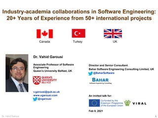1
Dr. Vahid Garousi
Director and Senior Consultant
Bahar Software Engineering Consulting Limited, UK
@BaharSoftware
An invited talk for:
Feb 9, 2021
Industry-academia collaborations in Software Engineering:
20+ Years of Experience from 50+ international projects
Dr. Vahid Garousi
Associate Professor of Software
Engineering
Queen’s University Belfast, UK
v.garousi@qub.ac.uk
www.vgarousi.com
@vgarousi
Canada Turkey UK
 
