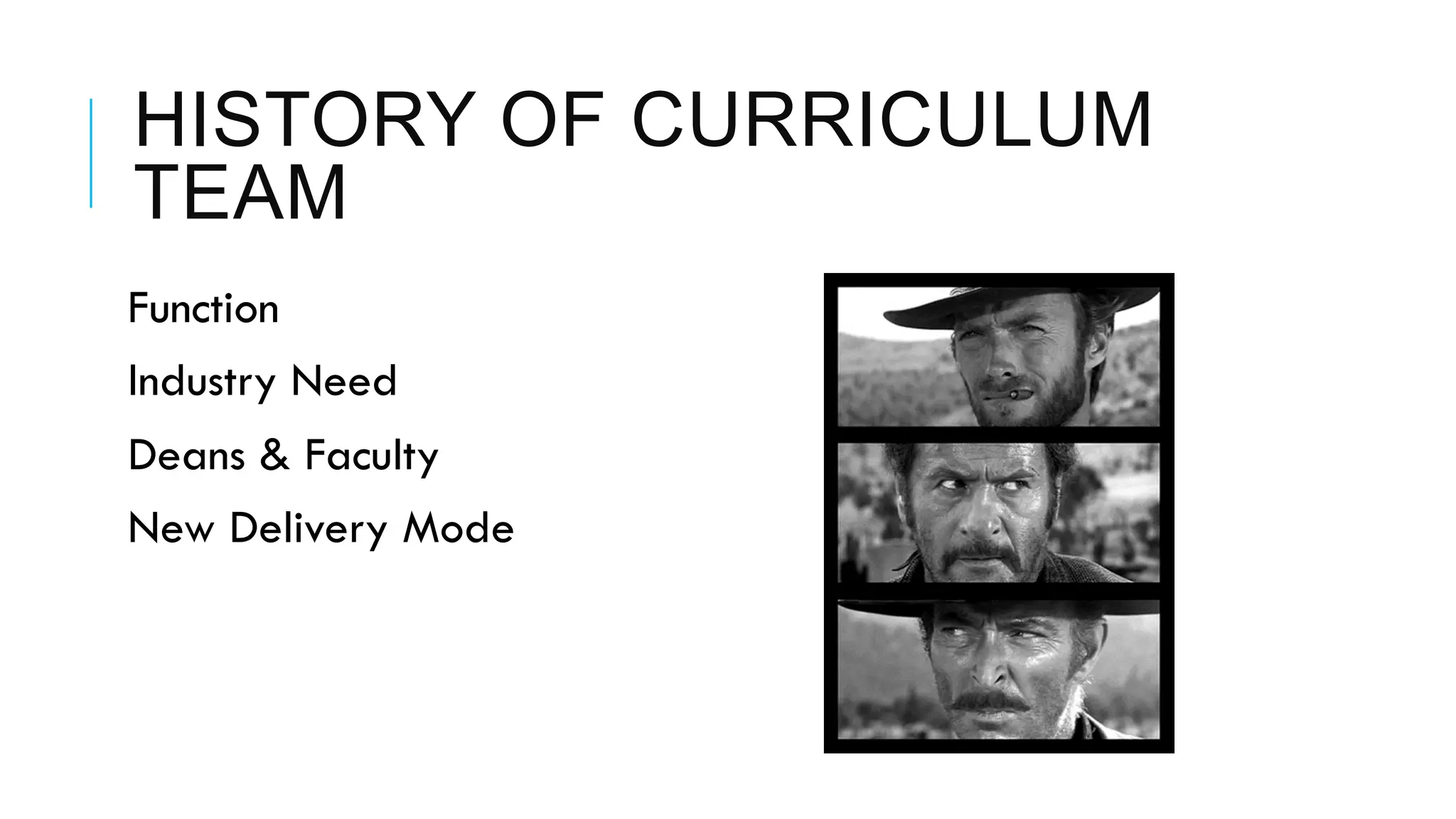 HISTORY OF CURRICULUM
TEAM
Function
Industry Need
Deans & Faculty
New Delivery Mode
 