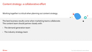 ©2021 Adobe. All Rights Reserved. Adobe Confidential.
Content strategy: a collaborative effort
Working together is critical when planning out content strategy.
The best business results come when marketing teams collaborate.
The content team should partner closely with:
• The demand generation team
• The industry strategy team
 