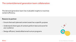 ©2021 Adobe. All Rights Reserved. Adobe Confidential.
The content/demand generation team collaboration
The demand generation team has invaluable insights to maximize
content efficiency.
Reasons to partner:
• Ensure that each planned content asset has a specific purpose
• Understand what types of content perform best and worst for
your audience
• Design efficient, handcrafted email nurture programs
 