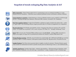 Snapshot of trends reshaping Big Data Analytics & IoT
H/W is back (IoT) – Onion Omegs makes IoT h/w prototyping as easy as creating & installing s/w apps.
Industry devices: Scanalytics – retail floor sensor analytics promotes in-store conversions, customer retention.
Cloud Adoption in Analytics : Global Hadoop as a Service (HDaaS) market to grow at 84.81% CAGR through
till 2019 + Existing offerings from Salesforce, Microsoft, IBM, Amazon, Accenture, CSC, DataBricks.
Real Time Analytics Options: Google Cloud Dataflow: pipelines to ingest, transform & analyze data – works
w/ Spark. MSFT Trill: streaming analytics engine processes data @ 2-4 orders of magnitude over competitors.
BI-aaS & Data Prep: 33% BI folks spend 50-90% of Time “Cleaning” Raw Data for Analytics; 97% said ETL
critical - 51% polled use on premise vs 49% cloud. On prem. ETL folks: 51% “strongly considering” cloud
Spark: IBM to invest a few Hundred Million dollars/year in Apache Spark - putting 3,500+ researchers to
improve the engine, fix bugs, test it in production & submit new features. Amazon EMR follows suit.
Pricing Machine Learning: AWS-ML priced @ $.42/hr for model builds, $0.1/1000 batch & $0.0001 per real time
prediction. MSFT’s Cortana Analytics: subscription bundle includes ML, Big data stores, PowerBI all-in-one.
Insights Products: First Data xforms payment data to insights on sales & customers. Thomson Reuters quants
create models for institutional investors to predict security prices & influencing events w/ non traditional data
Analytics App Re-use: Teradata App Center - analytics app template s - 29 frameworks in 6 industries: retail,
telco, healthcare, hospitality. Incl. pre-built logic, visualizations + config. Templates do 80% of finished app.
Arindam Banerji (banerji.arindam@gmail.com)
 