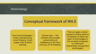 Methodology
Conceptual framework of IR4.0
Front-end technologies :-
Smart manufacturing,
smart Products, Smart
supply chain & Smart
working.
Second Layer :- This
considers that provide
connectivity and
intelligence to the front
end (e.g. IoT & Analytics)
Then we apply a cluster
analysis to define patterns
of adoption of these two
layers of technologies in
the surveyed companies
to understand
relationships among these
technologies
 