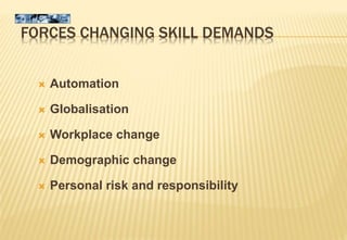 FORCES CHANGING SKILL DEMANDS
 Automation
 Globalisation
 Workplace change
 Demographic change
 Personal risk and responsibility
 