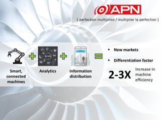 2-3X
Increase in
machine
efficiency
Smart,
connected
machines
Analytics
 New markets
 Differentiation factor
Information
distribution
 