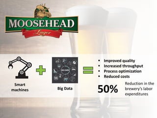 50%
Reduction in the
brewery’s labor
expenditures
Smart
machines Big Data
 Improved quality
 Increased throughput
 Process optimization
 Reduced costs
 