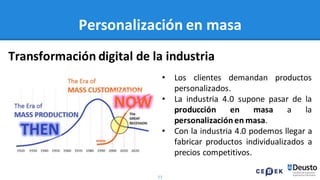 11
Personalización en masa
Transformación digital de la industria
• Los clientes demandan productos
personalizados.
• La industria 4.0 supone pasar de la
producción en masa a la
personalizaciónen masa.
• Con la industria 4.0 podemos llegar a
fabricar productos individualizados a
precios competitivos.
 