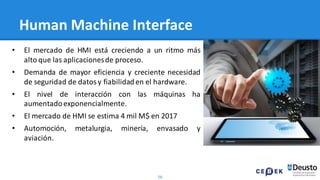 56
Human Machine Interface
• El mercado de HMI está creciendo a un ritmo más
alto que las aplicacionesde proceso.
• Demanda de mayor eficiencia y creciente necesidad
de seguridad de datosy fiabilidad en el hardware.
• El nivel de interacción con las máquinas ha
aumentadoexponencialmente.
• El mercado de HMI se estima 4 mil M$ en 2017
• Automoción, metalurgia, minería, envasado y
aviación.
 