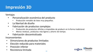 64
Impresión 3D
Ventajas
• Personalización económica del producto
• Producción rentable de lotes muy pequeños.
• La libertad de diseño
• Fabricación de productos complejos
• Producción de productos difíciles o imposibles de producir en la forma tradicional.
• Menos residuos, productos más ligeros y ahorro de tiempo.
• Fabricación descentralizada
Inconvenientes
• Dimensiones de productos limitadas
• Elección reducida para materiales
• Precisión inferior
• Resistencia limitada
 