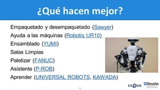 73
¿Qué hacen mejor?
Empaquetado y desempaquetado (Sawyer)
Ayuda a las máquinas (Robotiq UR10)
Ensamblado (YUMI)
Salas Limpias
Paletizar (FANUC)
Asistente (P-ROB)
Aprender (UNIVERSAL ROBOTS, KAWADA)
 
