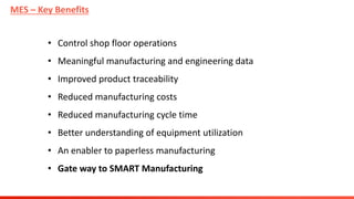 MES – Key Benefits
• Control shop floor operations
• Meaningful manufacturing and engineering data
• Improved product traceability
• Reduced manufacturing costs
• Reduced manufacturing cycle time
• Better understanding of equipment utilization
• An enabler to paperless manufacturing
• Gate way to SMART Manufacturing
 