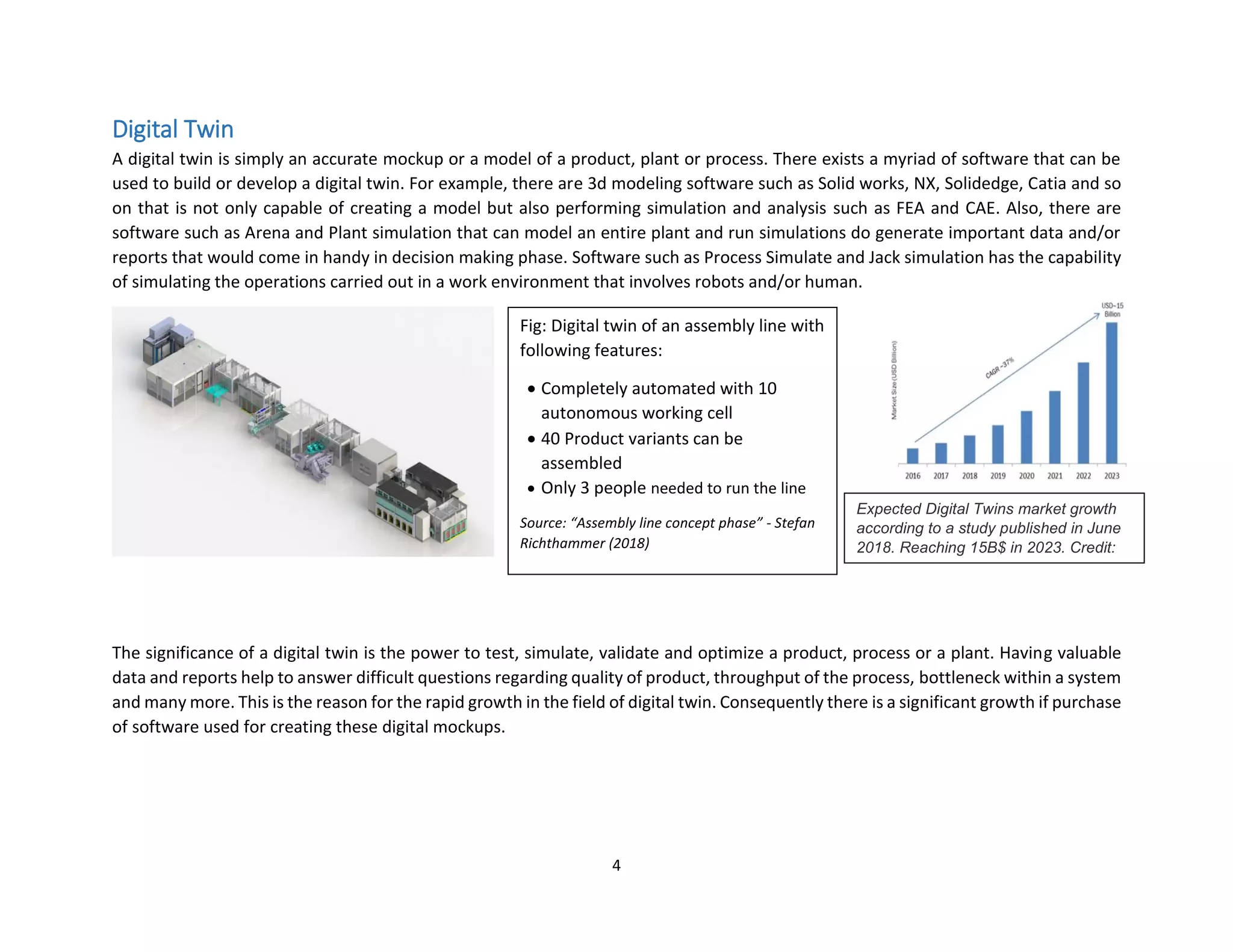 4
Digital Twin
A digital twin is simply an accurate mockup or a model of a product, plant or process. There exists a myriad of software that can be
used to build or develop a digital twin. For example, there are 3d modeling software such as Solid works, NX, Solidedge, Catia and so
on that is not only capable of creating a model but also performing simulation and analysis such as FEA and CAE. Also, there are
software such as Arena and Plant simulation that can model an entire plant and run simulations do generate important data and/or
reports that would come in handy in decision making phase. Software such as Process Simulate and Jack simulation has the capability
of simulating the operations carried out in a work environment that involves robots and/or human.
The significance of a digital twin is the power to test, simulate, validate and optimize a product, process or a plant. Having valuable
data and reports help to answer difficult questions regarding quality of product, throughput of the process, bottleneck within a system
and many more. This is the reason for the rapid growth in the field of digital twin. Consequently there is a significant growth if purchase
of software used for creating these digital mockups.
Expected Digital Twins market growth
according to a study published in June
2018. Reaching 15B$ in 2023. Credit:
Market Research Future
Fig: Digital twin of an assembly line with
following features:
• Completely automated with 10
autonomous working cell
• 40 Product variants can be
assembled
• Only 3 people needed to run the line
Source: “Assembly line concept phase” - Stefan
Richthammer (2018)
 