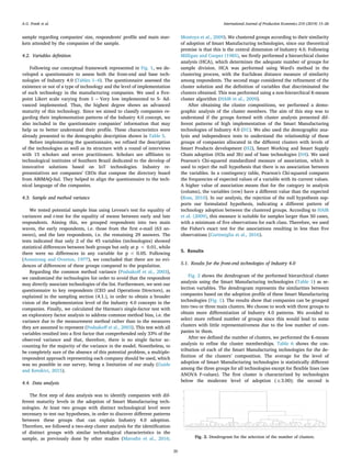 sample regarding companies' size, respondents' profile and main mar-
kets attended by the companies of the sample.
4.2. Variables definition
Following our conceptual framework represented in Fig. 1, we de-
veloped a questionnaire to assess both the front-end and base tech-
nologies of Industry 4.0 (Tables 1–4). The questionnaire assessed the
existence or not of a type of technology and the level of implementation
of such technology in the manufacturing companies. We used a five-
point Likert scale varying from 1 – Very low implemented to 5- Ad-
vanced implemented. Thus, the highest degree shows an advanced
maturity of this technology. Since we aimed to classify companies re-
garding their implementation patterns of the Industry 4.0 concept, we
also included in the questionnaire companies’ information that may
help us to better understand their profile. These characteristics were
already presented in the demographic description shown in Table 5.
Before implementing the questionnaire, we refined the description
of the technologies as well as its structure with a round of interviews
with 15 scholars and seven practitioners. Scholars are affiliates to
technological institutes of Southern Brazil dedicated to the develop of
innovative solutions based on IoT technologies. Industry re-
presentatives are companies’ CEOs that compose the directory board
from ABIMAQ-Sul. They helped to align the questionnaire to the tech-
nical language of the companies.
4.3. Sample and method variance
We tested potential sample bias using Levene's test for equality of
variances and t-test for the equality of means between early and late
respondents. Aiming this, we grouped respondents into two main
waves, the early respondents, i.e. those from the first e-mail (63 an-
swers), and the late respondents, i.e. the remaining 29 answers. The
tests indicated that only 2 of the 45 variables (technologies) showed
statistical differences between both groups but only at p < 0.01, while
there were no differences in any variable for p < 0.05. Following
(Armstrong and Overton, 1977), we concluded that there are no evi-
dences of differences of these groups compared to the population.
Regarding the common method variance (Podsakoff et al., 2003),
we randomized the technologies list order to avoid that the respondent
may directly associate technologies of the list. Furthermore, we sent our
questionnaire to key respondents (CEO and Operations Directors), as
explained in the sampling section (4.1.), in order to obtain a broader
vision of the implementation level of the Industry 4.0 concepts in the
companies. Finally, we calculated the Harman's single-factor test with
an exploratory factor analysis to address common method bias, i.e. the
variance due to the measurement method rather than to the measures
they are assumed to represent (Podsakoff et al., 2003). This test with all
variables resulted into a first factor that comprehended only 33% of the
observed variance and that, therefore, there is no single factor ac-
counting for the majority of the variance in the model. Nonetheless, to
be completely sure of the absence of this potential problem, a multiple-
respondent approach representing each company should be used, which
was no possible in our survey, being a limitation of our study (Guide
and Ketokivi, 2015).
4.4. Data analysis
The first step of data analysis was to identify companies with dif-
ferent maturity levels in the adoption of Smart Manufacturing tech-
nologies. At least two groups with distinct technological level were
necessary to test our hypotheses, in order to discover different patterns
between these groups that can explain Industry 4.0 adoption.
Therefore, we followed a two-step cluster analysis for the identification
of distinct groups with similar technological characteristics in the
sample, as previously done by other studies (Marodin et al., 2016;
Montoya et al., 2009). We clustered groups according to their similarity
of adoption of Smart Manufacturing technologies, since our theoretical
premise is that this is the central dimension of Industry 4.0. Following
Milligan and Cooper (1985), we firstly performed a hierarchical cluster
analysis (HCA), which determines the adequate number of groups for
sample division. HCA was performed using Ward's method in the
clustering process, with the Euclidean distance measure of similarity
among respondents. The second stage considered the refinement of the
cluster solution and the definition of variables that discriminated the
clusters obtained. This was performed using a non-hierarchical K-means
cluster algorithm (HAIR et al., 2009).
After obtaining the cluster compositions, we performed a demo-
graphic analysis of the cluster members. The aim of this step was to
understand if the groups formed with cluster analysis presented dif-
ferent patterns of high implementation of the Smart Manufacturing
technologies of Industry 4.0 (H1). We also used the demographic ana-
lysis and independence tests to understand the relationship of these
groups of companies allocated in the different clusters with levels of
Smart Products development (H2), Smart Working and Smart Supply
Chain adoption (H3a and 3b) and of base technologies (H4). We used
Pearson's Chi-squared standardized measure of association, which is
used to reject the null hypothesis that there is no association between
the variables. In a contingency table, Pearson's Chi-squared compares
the frequencies of expected values of a variable with its current values.
A higher value of association means that for the category in analysis
(column), the variables (row) have a different value than the expected
(Ross, 2010). In our analysis, the rejection of the null hypothesis sup-
ports our formulated hypothesis, indicating a different pattern of
technology adoption between the clustered groups. According to HAIR
et al. (2009), this measure is suitable for samples larger than 50 cases,
with a minimum of five observations for each class. Therefore, we used
the Fisher's exact test for the associations resulting in less than five
observations (Cortimiglia et al., 2016).
5. Results
5.1. Results for the front-end technologies of Industry 4.0
Fig. 2 shows the dendrogram of the performed hierarchical cluster
analysis using the Smart Manufacturing technologies (Table 1) as se-
lection variables. The dendrogram represents the similarities between
companies based on the adoption profile of these Smart Manufacturing
technologies (Fig. 1). The results show that companies can be grouped
into two or three main clusters. We choose to work with three groups to
obtain more differentiation of Industry 4.0 patterns. We avoided to
select more refined number of groups since this would lead to some
clusters with little representativeness due to the low number of com-
panies in them.
After we defined the number of clusters, we performed the K-means
analysis to refine the cluster memberships. Table 6 shows the con-
tribution of each of the Smart Manufacturing technologies for the de-
finition of the clusters’ composition. The average for the level of
adoption of Smart Manufacturing technologies is statistically different
among the three groups for all technologies except for flexible lines (see
ANOVA F-values). The first cluster is characterized by technologies
below the moderate level of adoption (≤3.00); the second is
Fig. 2. Dendrogram for the selection of the number of clusters.
A.G. Frank et al. International Journal of Production Economics 210 (2019) 15–26
20
 