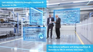 This century software will bring machines &
factories to life in entirely new ways.
Last century electricity brought machines &
factories to life.
 